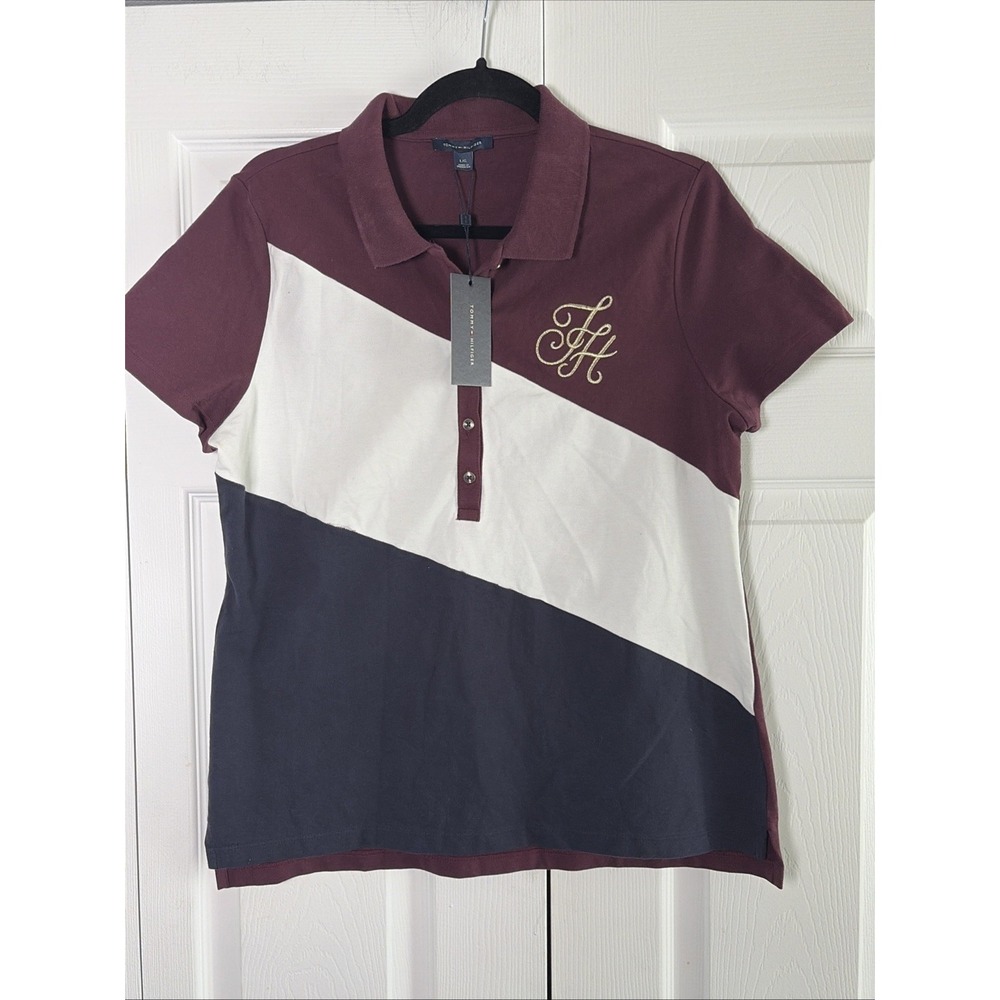Tommy Hilfiger Colorblock Polo Shirt Womens Size L Burgundy White Navy Cotton